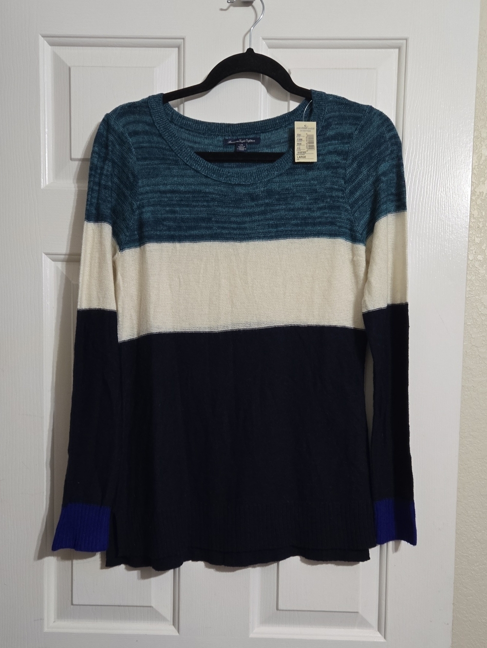 Colorblock Crewneck Sweater in Teal, Cream & Navy